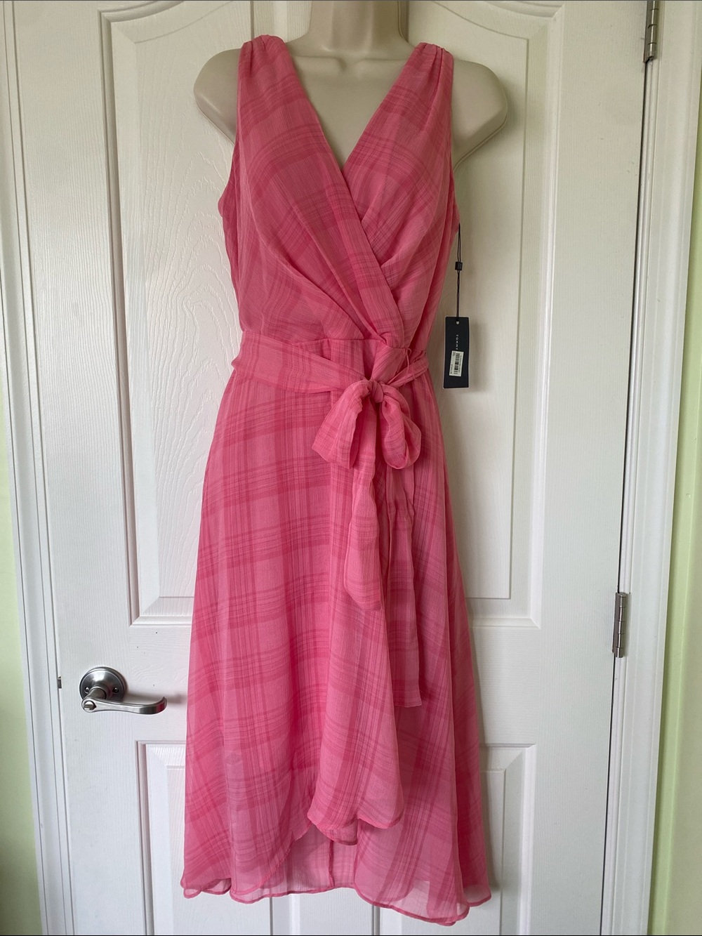Tommy Hilfiger Pink Plaid Wrap Midi Dress with Tie Waist